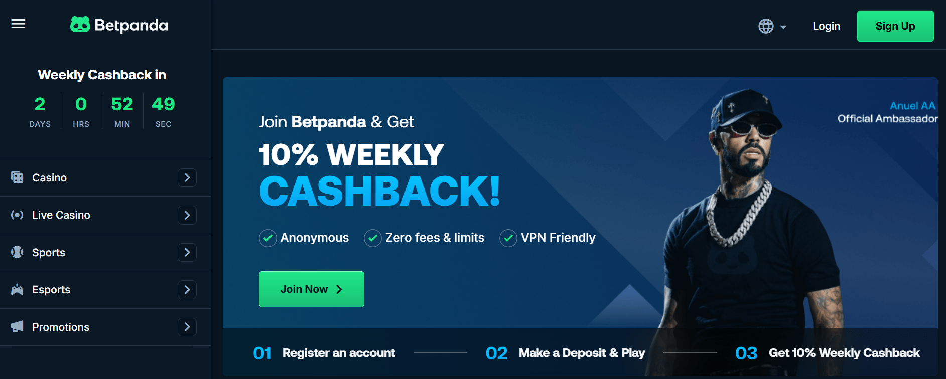 Snapshot of Betpanda casino highlighting fast USDT payouts and a strong welcome offer