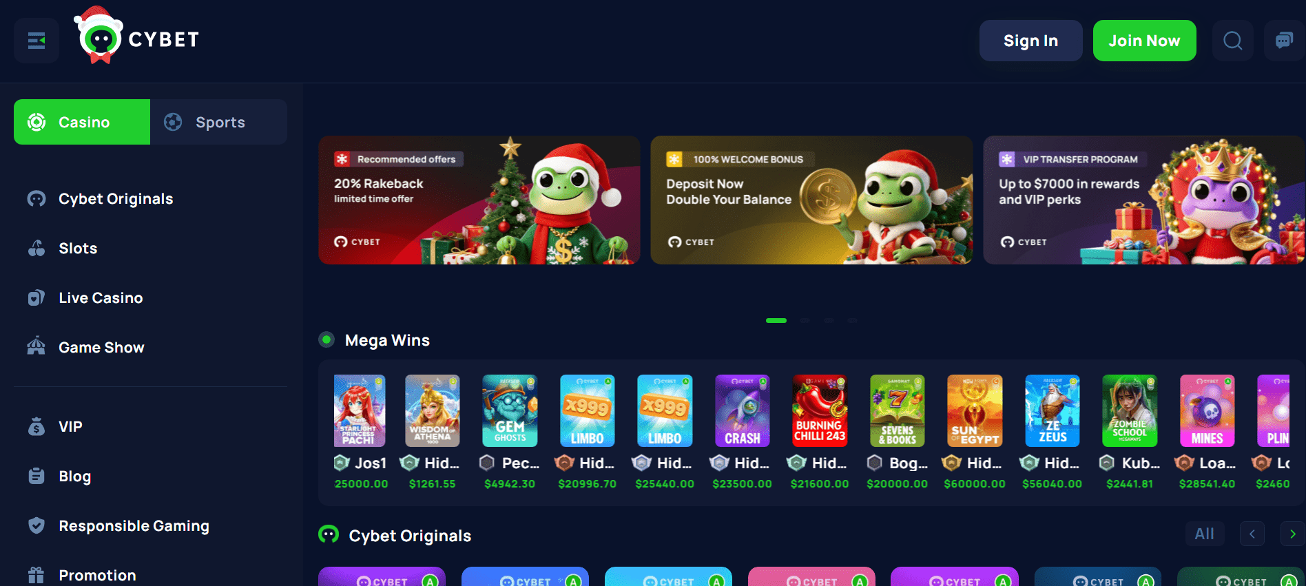 Homepage of Cybet casino featuring a clean UI, stable USDT play, and same-day payouts