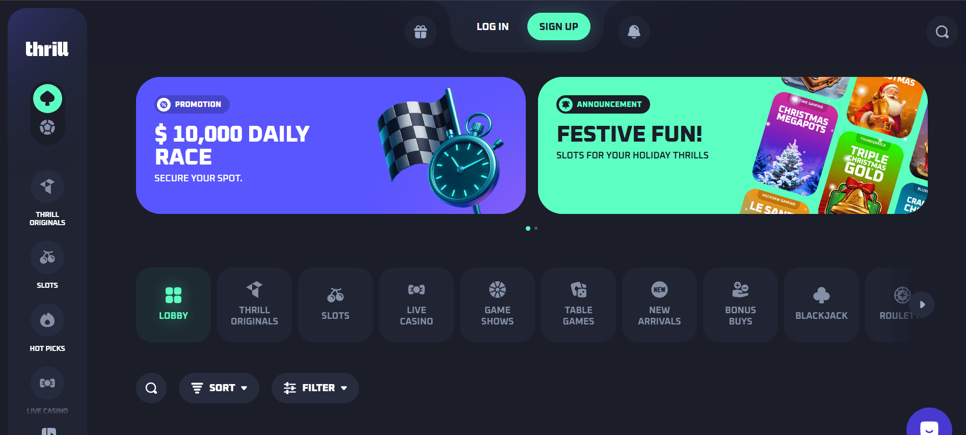 Interface view of Thrill casino showcasing fast-paced tournament-style gameplay